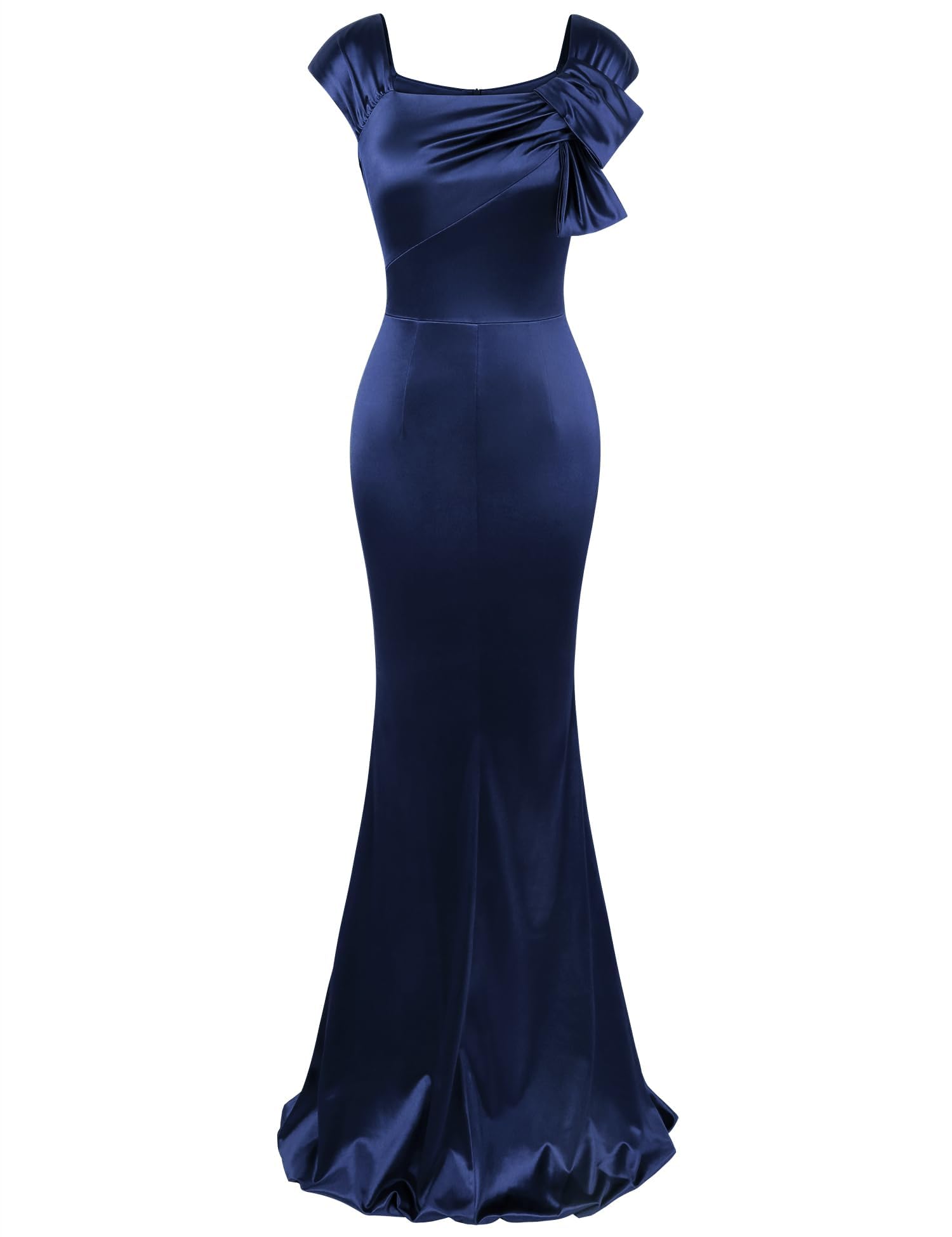 Navy Blue Women Style Retro Cap Sleeve Square Neck Satin Prom Long Maxi Dress